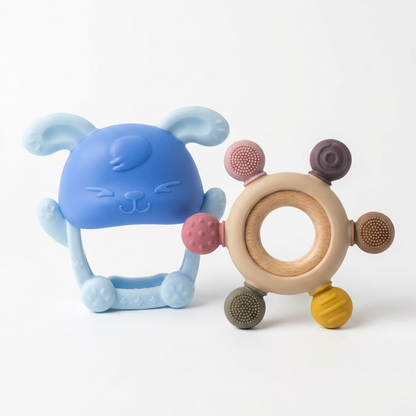 KIT DUO DENTICIÓN FELIZ — Guante + Anillo de Madera