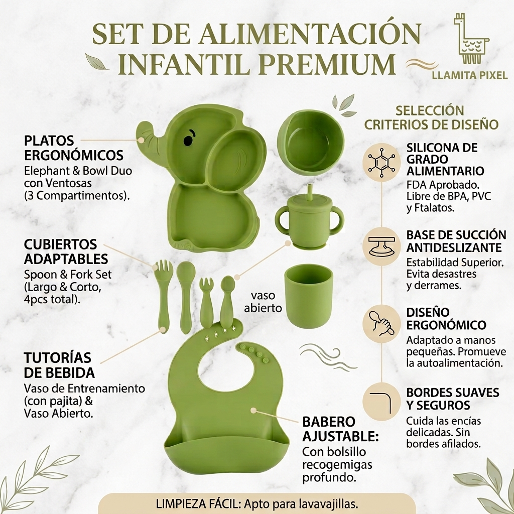 Infografia con las 9 piezas del set de alimentacion numeradas